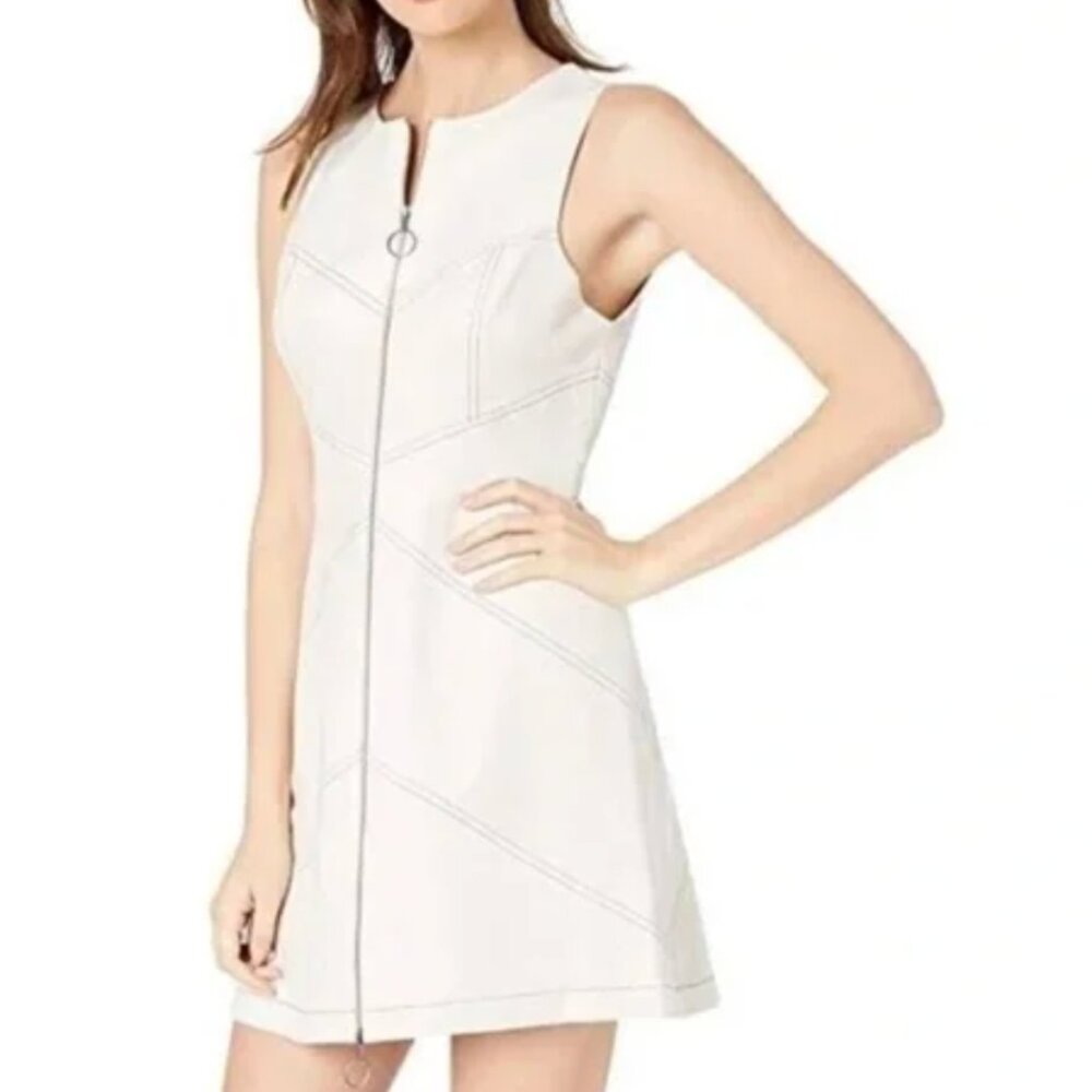 BCBG MaxAzria Alaina Cream Mod Style Faux Suede Ring Zip Front Dress Sz 8